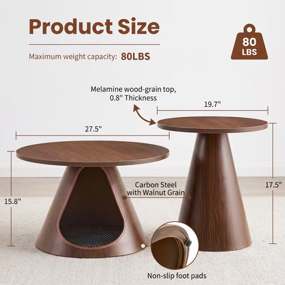 Dimension and feature graphic of two walnut-look tables with a cat cubby, cushion and foot-pad detail
