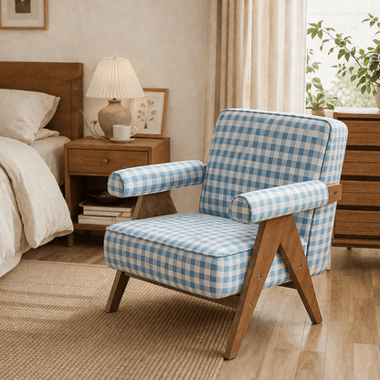 Patterned Accent Chair with Rubberwood Frame — blue and white gingham chair in a bedroom