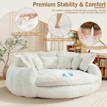 Oversized Round Chenille Lounge Sofa — beige foam and backrest detail panel.