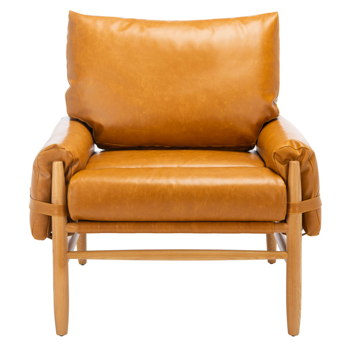 Strap-Detail Wood-Frame Accent Chair — front view of the caramel upholstered chair