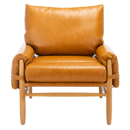 Strap-Detail Wood-Frame Accent Chair — front view of the caramel upholstered chair