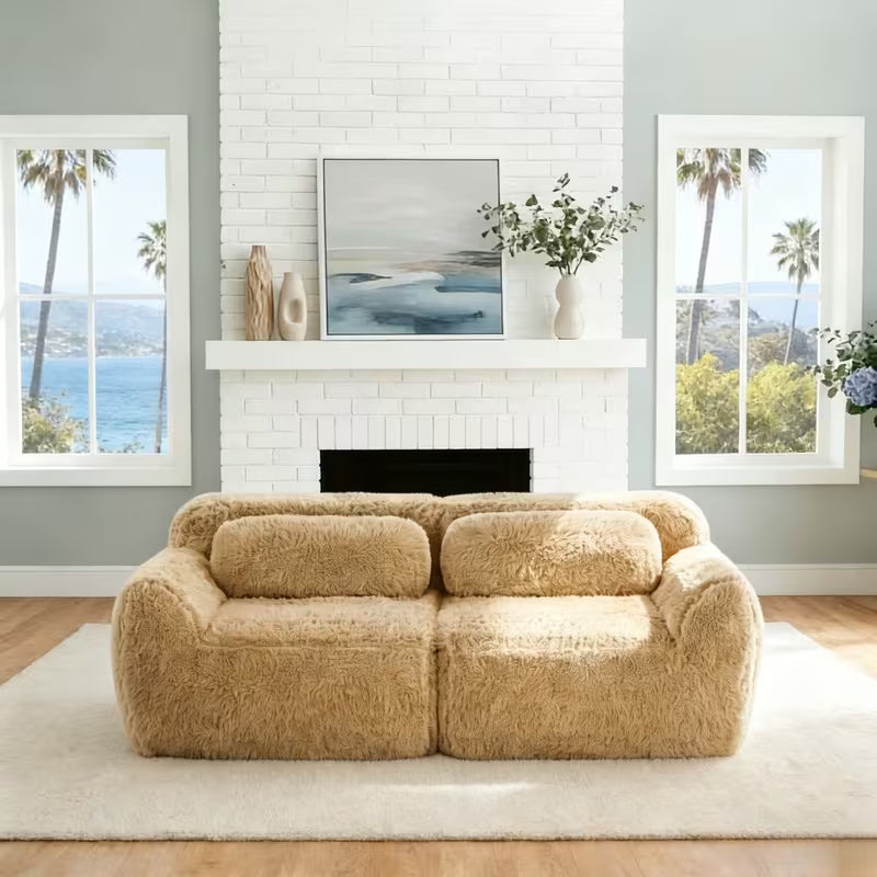 Plush Modular Two-Seat Sofa — light khaki sofa front room view.