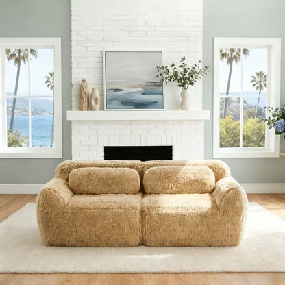 Plush Modular Two-Seat Sofa — light khaki sofa front room view.