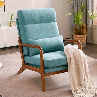 Teal linen high back upholstered lounge chair with a warm wood frame