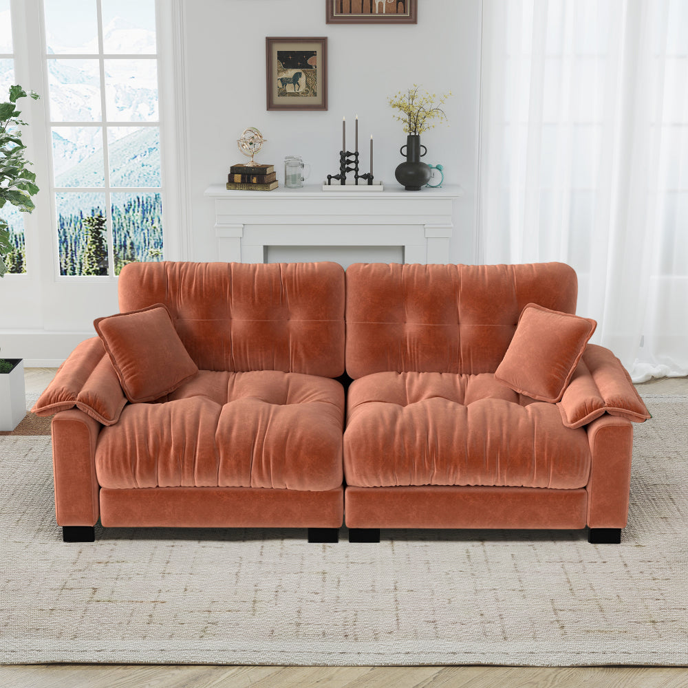 94-Inch Pleated Three-Seat Sofa — orange front view in a living room