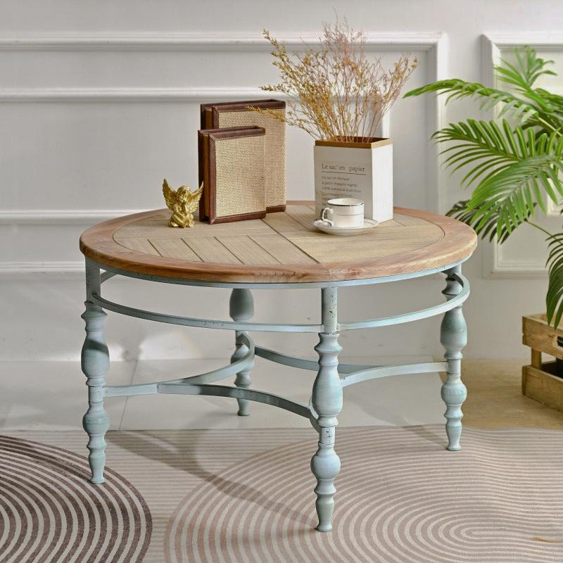Rustic Round Coffee Table with Turned-Leg Frame - Natural Wood Wash + Wood+Metal + Rustic