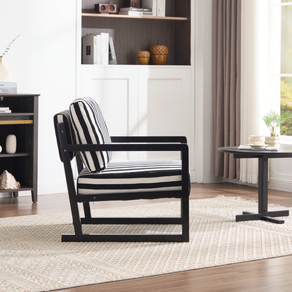 Black and White Striped Wood-Frame Lounge Chair — side view of the striped chair