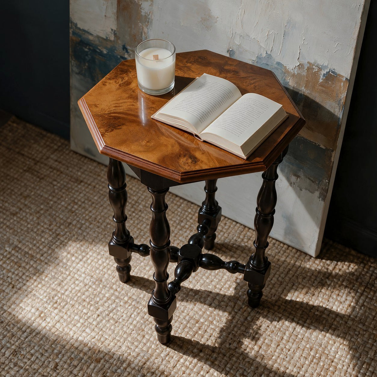 Octagonal Burl Wood Side Table — angled product view