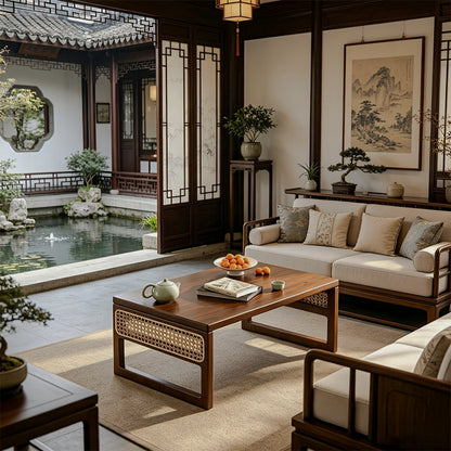 Walnut-tone bamboo low table with woven side panels in a sitting area