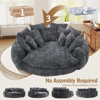 Oversized Round Chenille Lounge Sofa — dark grey sofa unpacking and shape recovery.