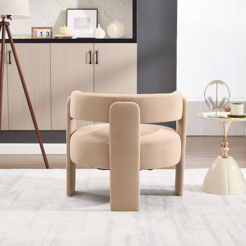 Beige Cutout-Back Velvet Accent Chair — rear three-quarter view of the beige chair