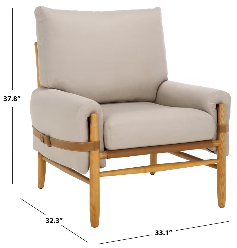 Strap-Detail Wood-Frame Accent Chair — light gray chair dimensions diagram
