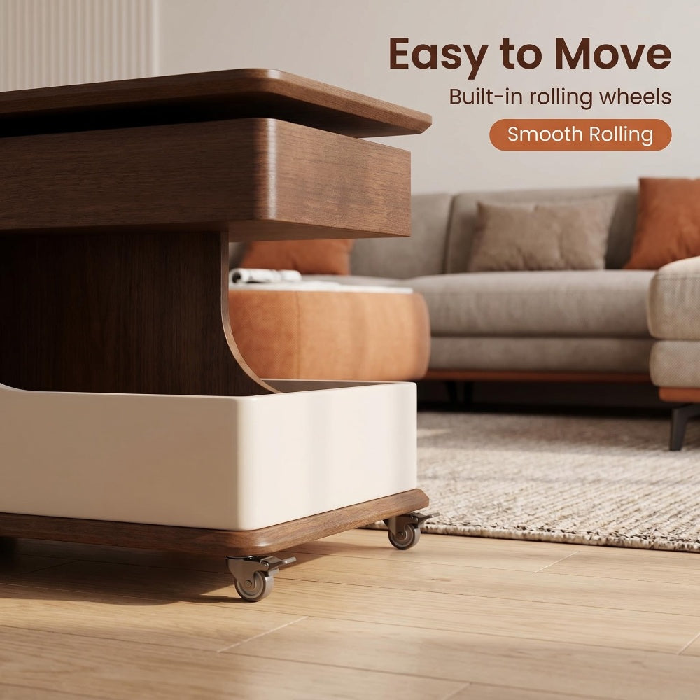 Side-table feature photo highlighting its built-in caster wheels