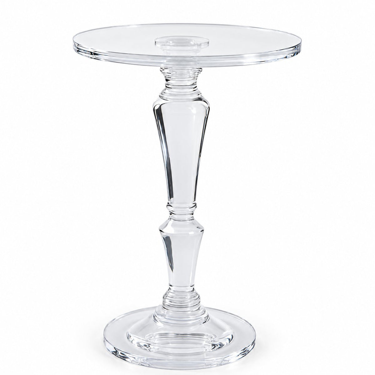 Clara Acrylic Accent Table — clear round tabletop, faceted pedestal and circular base, full studio view on white