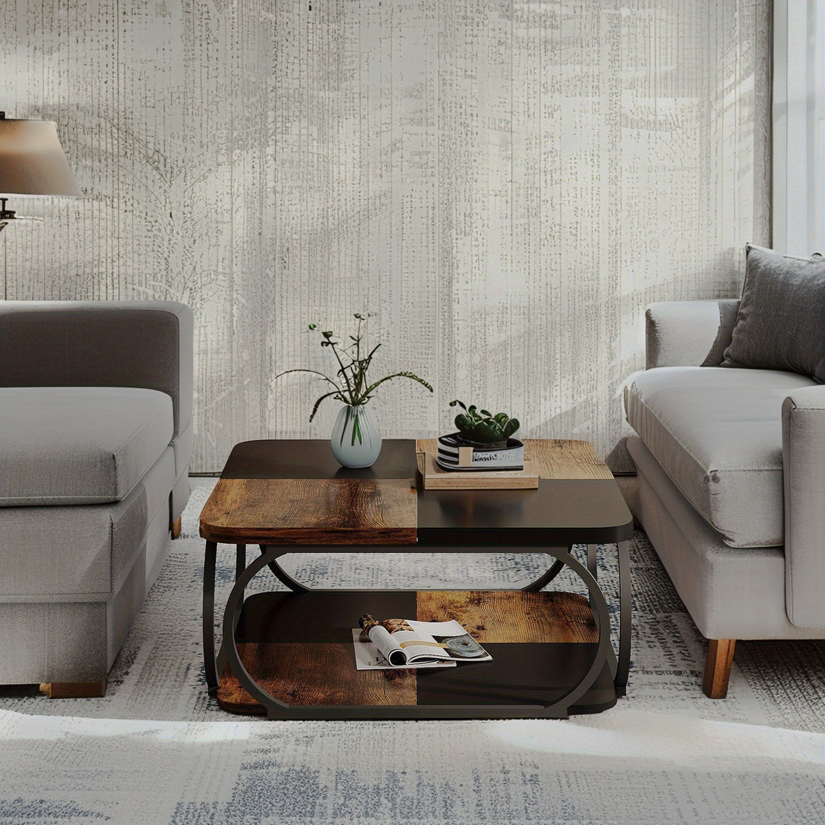 Brown square coffee table styled with books on its lower shelf