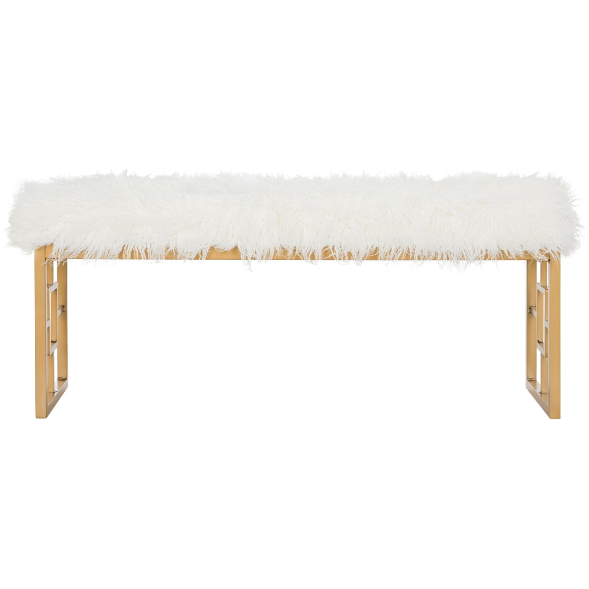 Mera Ivory Faux-Lamb Bench with Gold-Tone Base — front view of the ivory bench on white