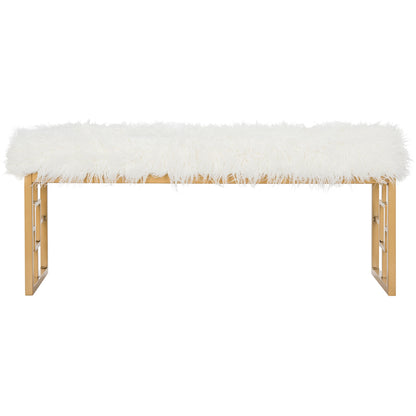 Mera Ivory Faux-Lamb Bench with Gold-Tone Base — front view of the ivory bench on white