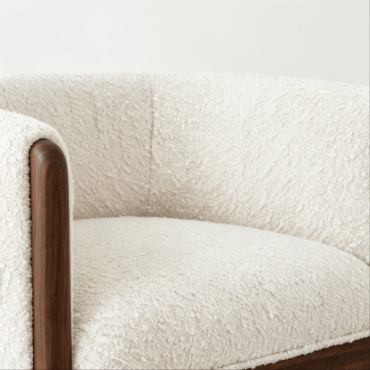 Textured Barrel Chair with Wood Trim — beige fabric and wood-trim close-up