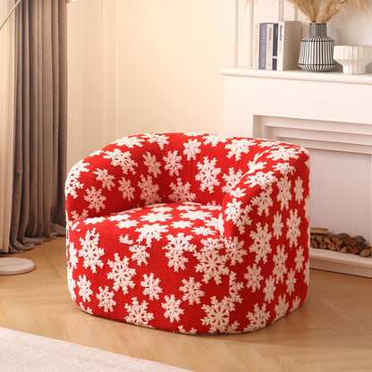 Rounded Foam Lounge Chair — red snowflake upholstery in a living room.