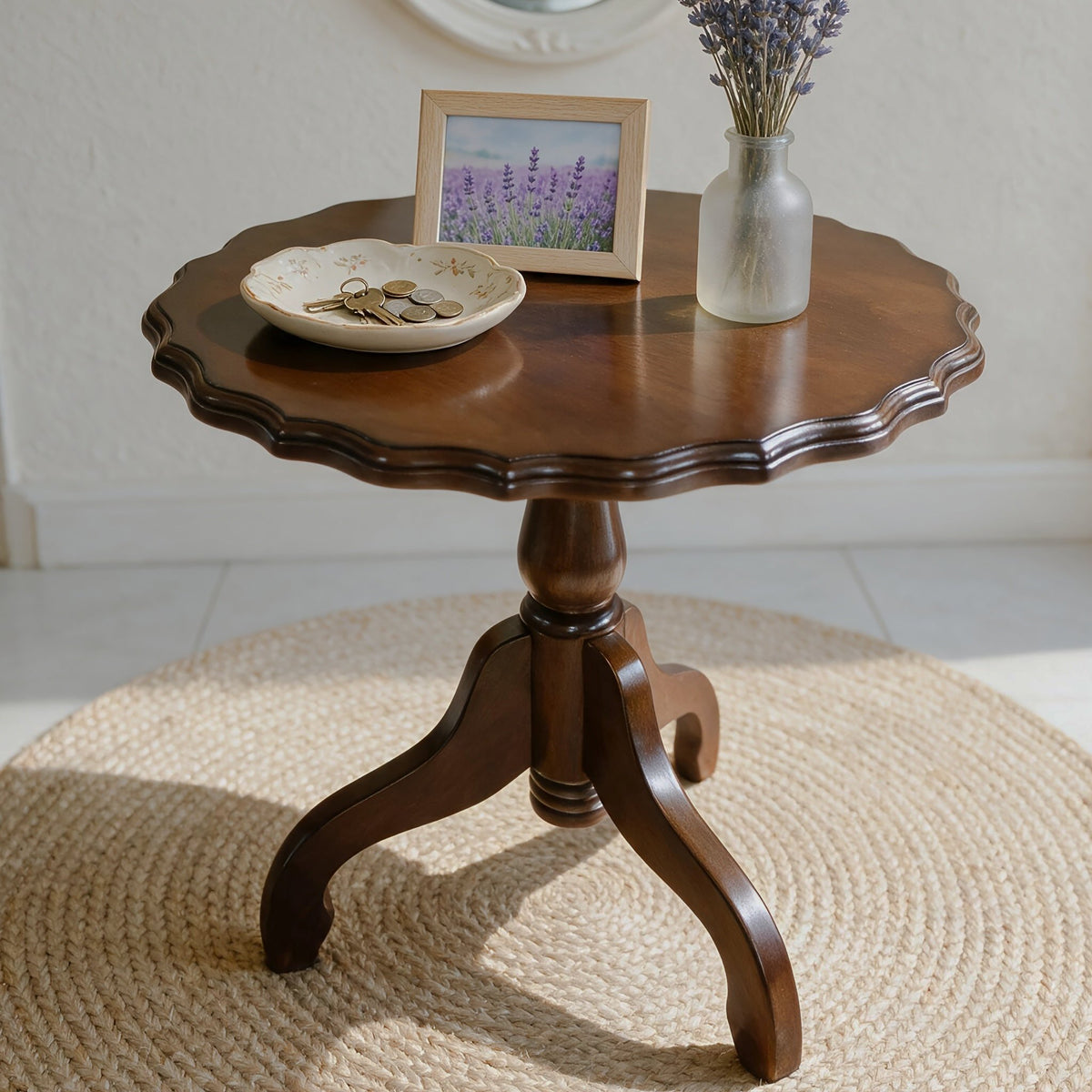 Scalloped Rubberwood Tripod Side Table