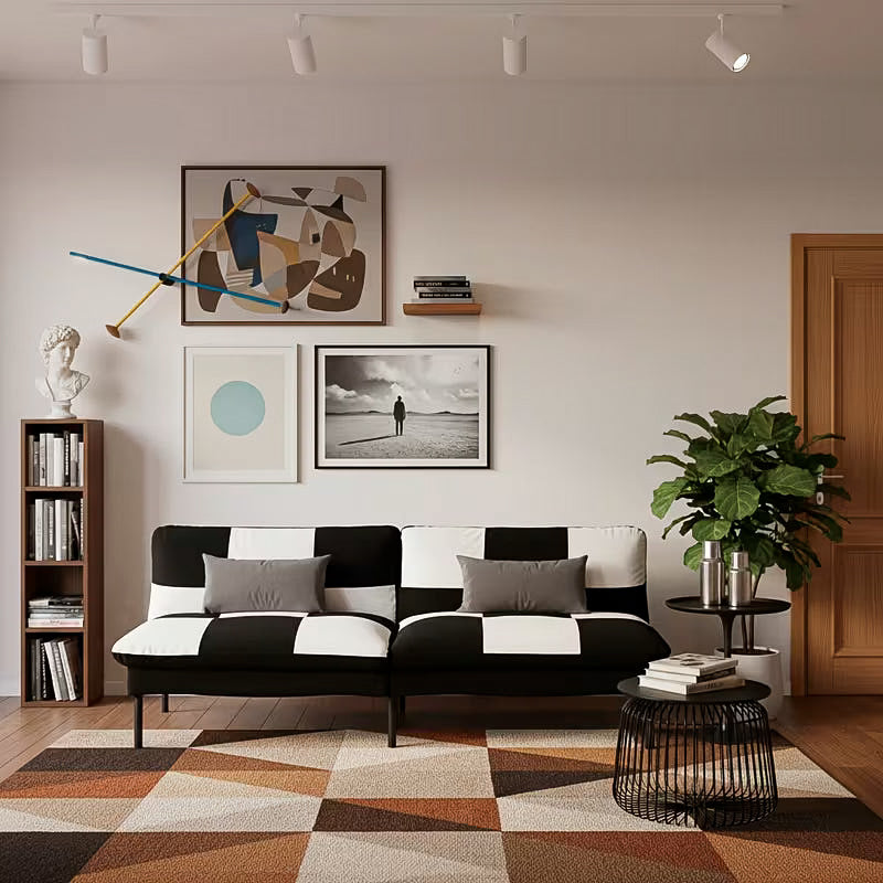 70-Inch Checkerboard Velvet Split-Back Futon — upright front view with gray accent pillows