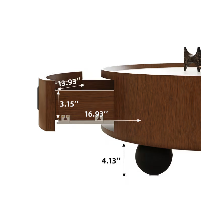 Measurement graphic showing the curved storage drawer and ball foot