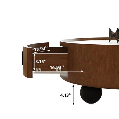 Measurement graphic showing the curved storage drawer and ball foot