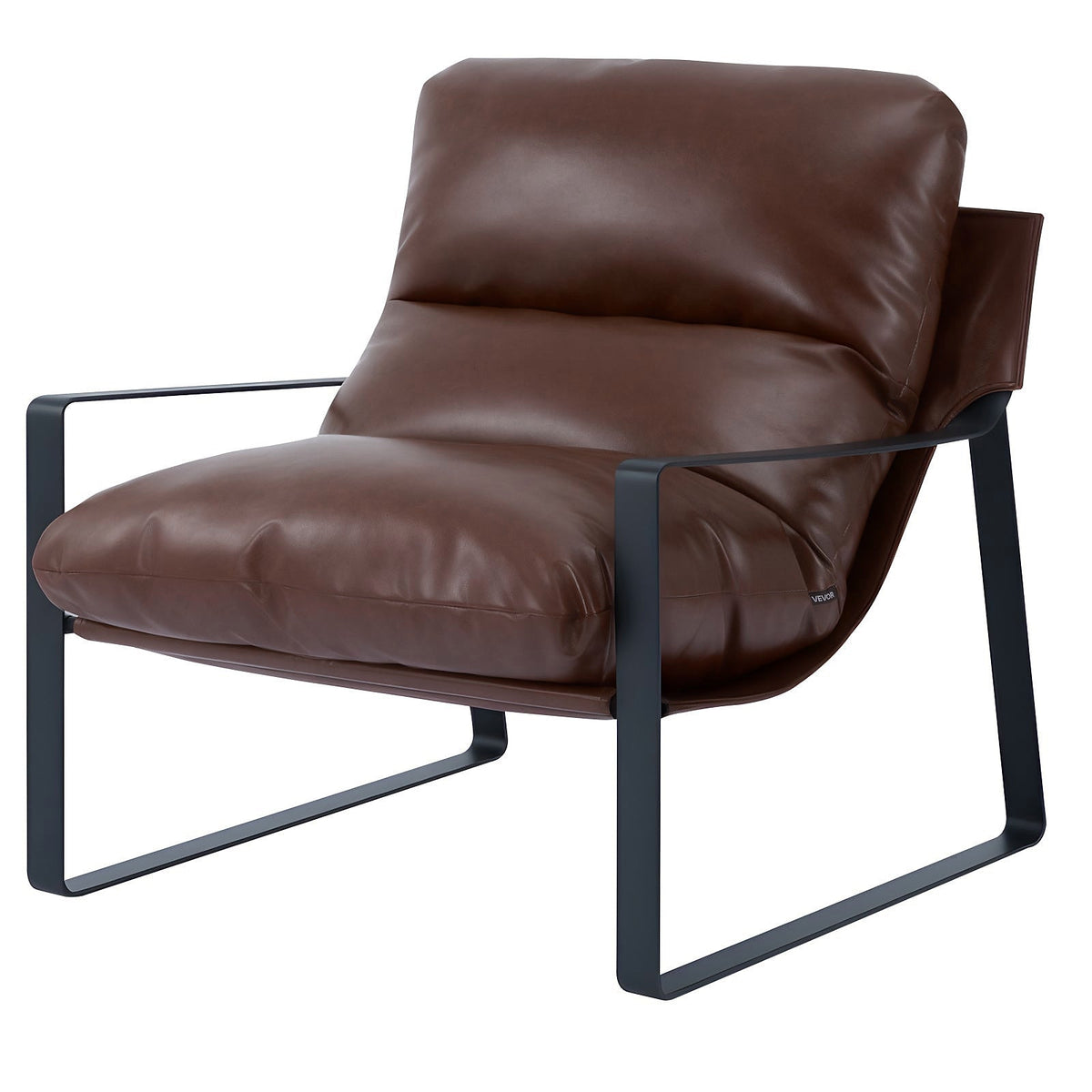 Brown faux leather sling chair with a black iron frame