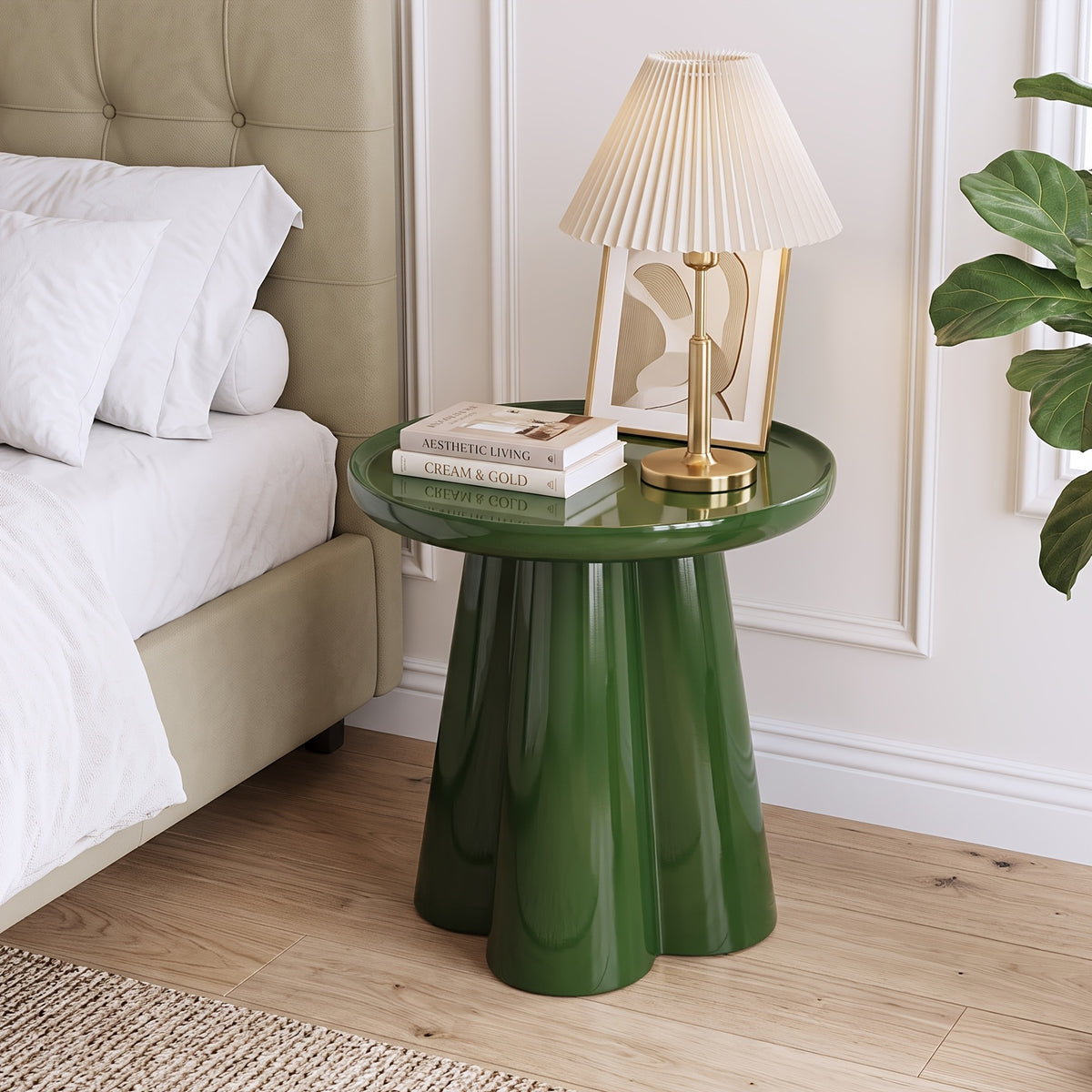 High Glossy End Table, Side Table, Petal Base Tray Top Design, Modern Nightstand, Accent Table, for Small Spaces, with 19" High Base, for Living Room Office Apartment, No Assembly - Blue/Green/Pink - Green