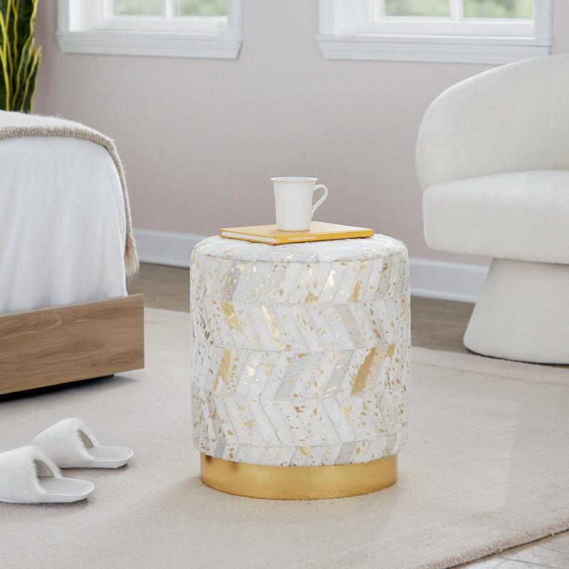 Ivory and Gold Chevron Leather Ottoman — ottoman styled with a tray beside a chair