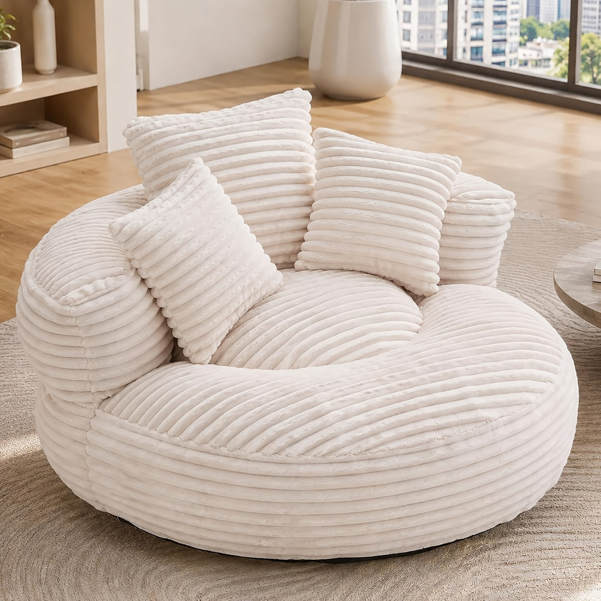 Round Corduroy Bean Bag Chair with Three Pillows — beige front three-quarter view