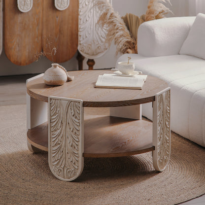 Angled view of carved-leg round two-tier coffee table