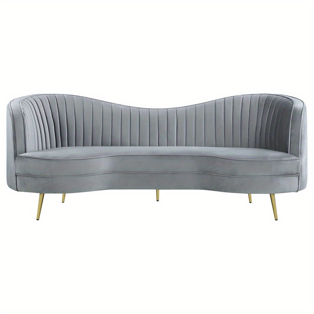 Grey Channel-Tufted Sofa with Gold-Tone Legs — front product view.