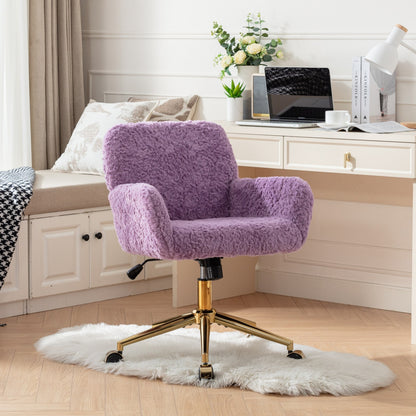 Purple faux alpaca desk chair with padded arms and gold-tone caster base