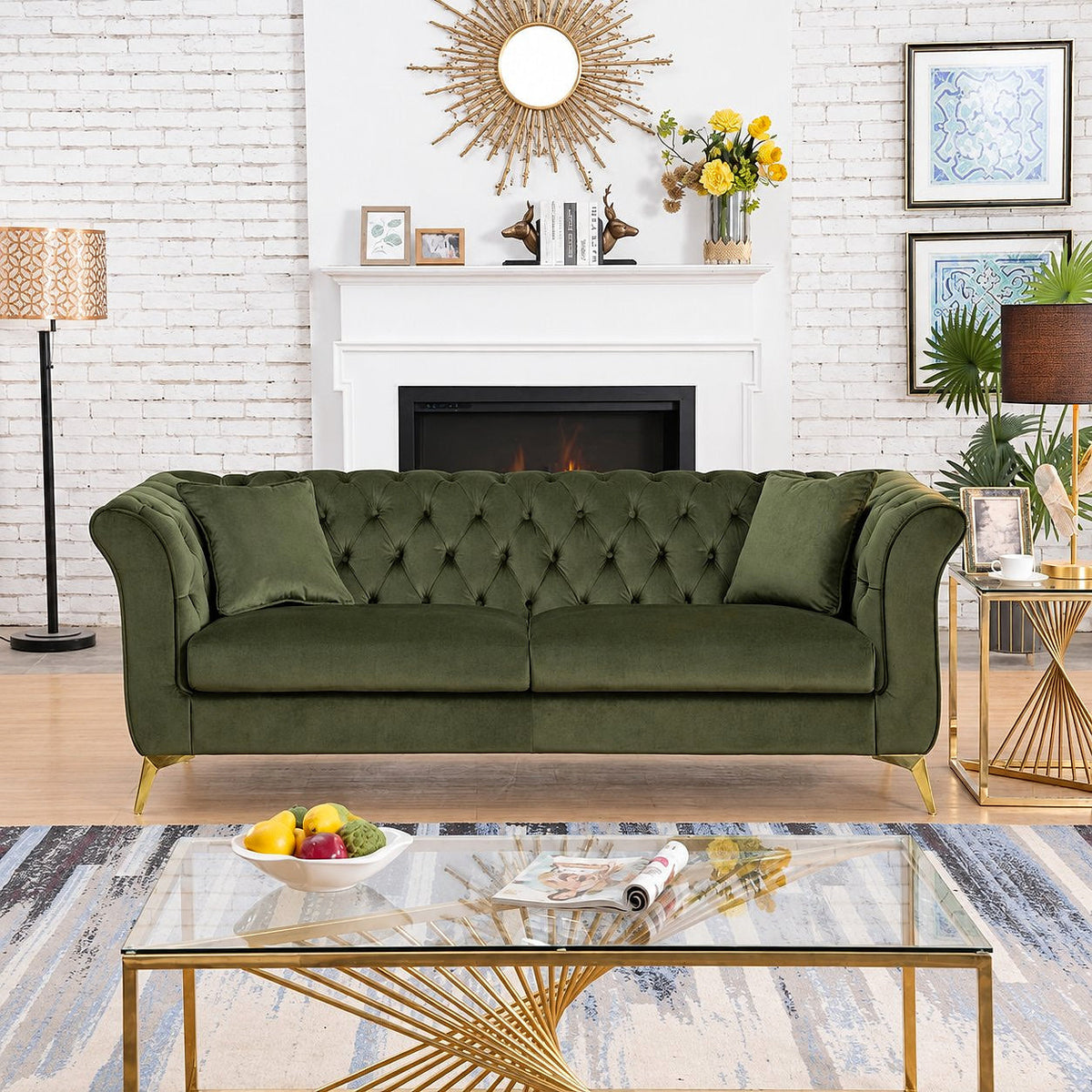Stanford green tufted sofa with gold-tone legs in a bright living room