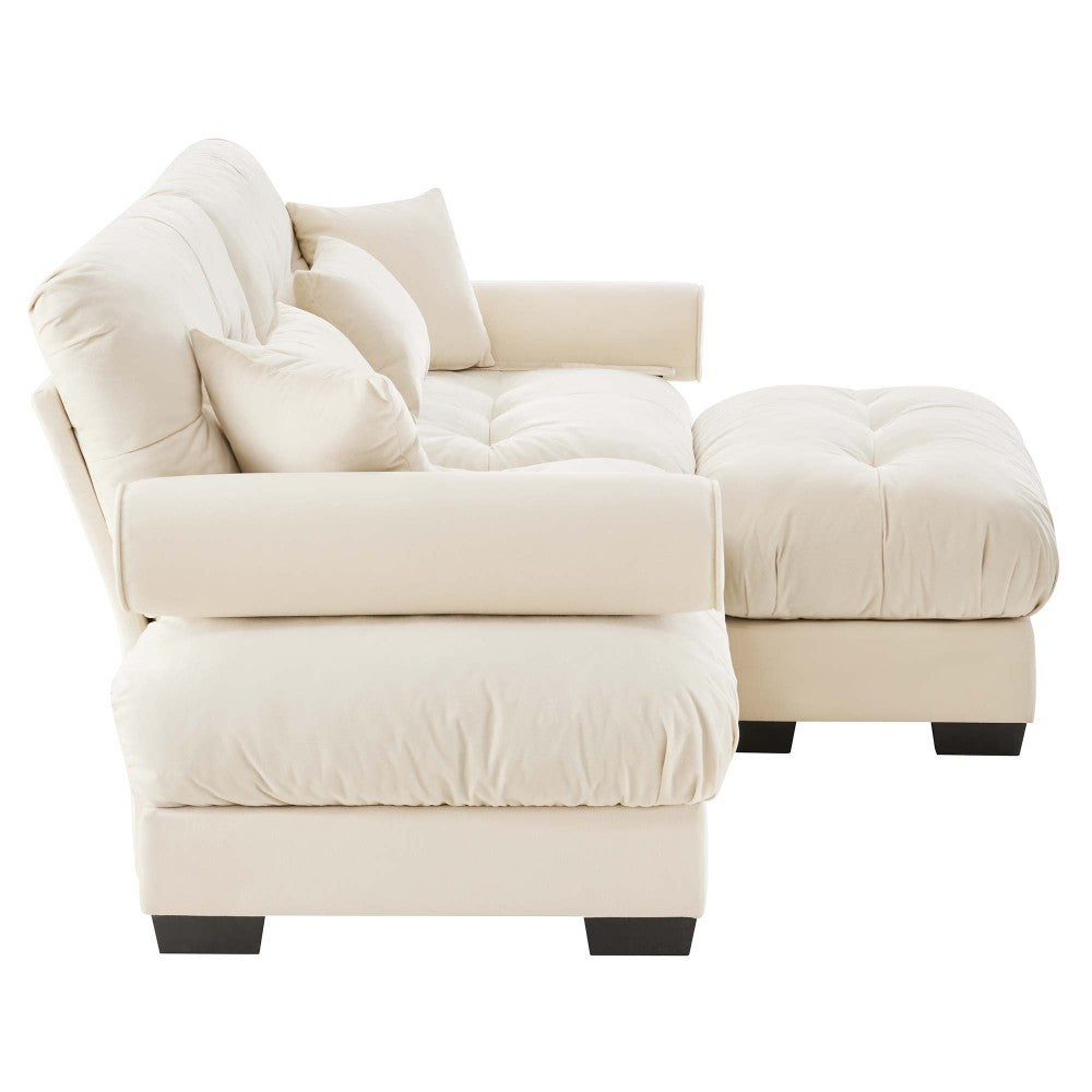 Cream Velvet Sofa with Matching Ottoman — side view of sofa and ottoman.