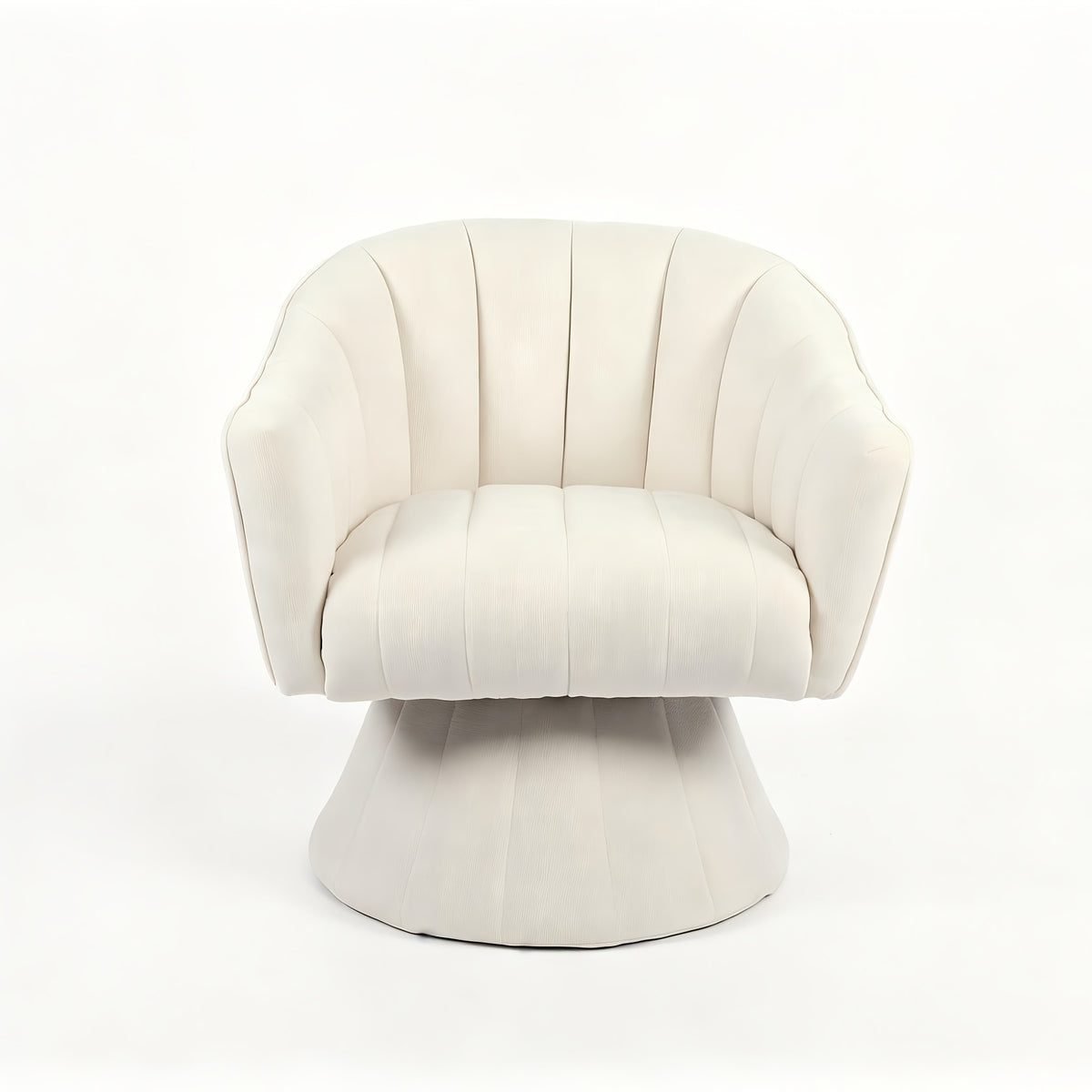 Channel-Tufted Swivel Barrel Chair — cream isolated front view