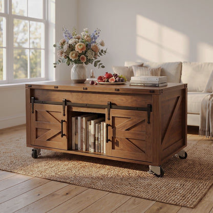 Brown rolling coffee table with sliding barn-style cabinet doors
