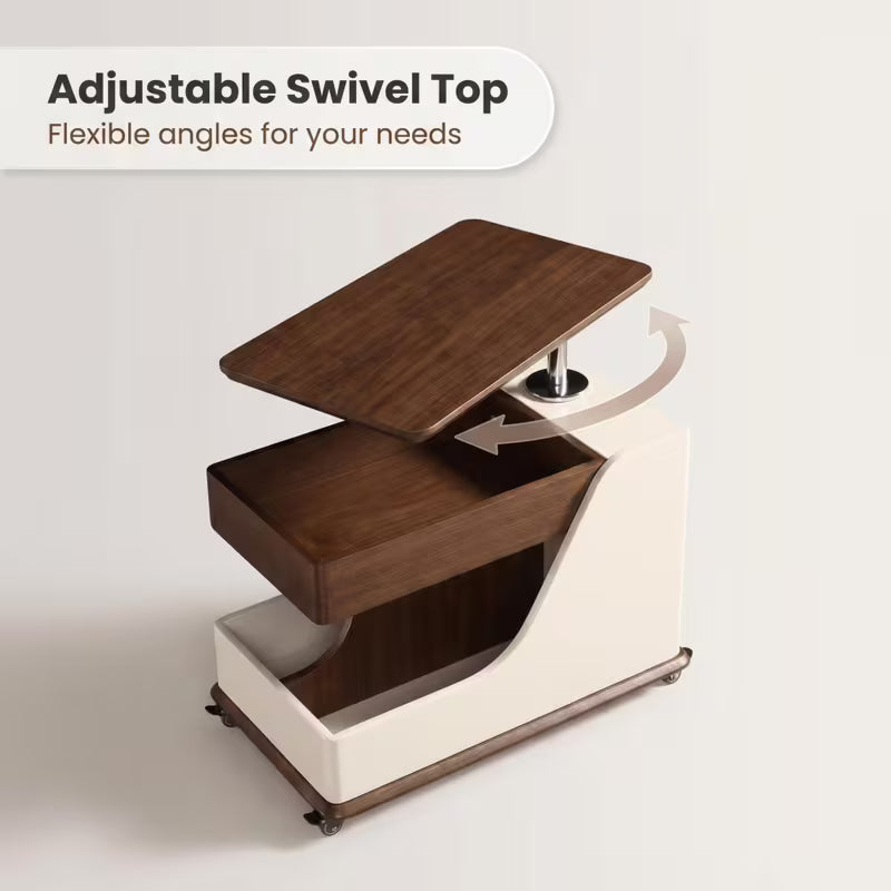 Feature image showing the side table's swiveling top above its storage compartment