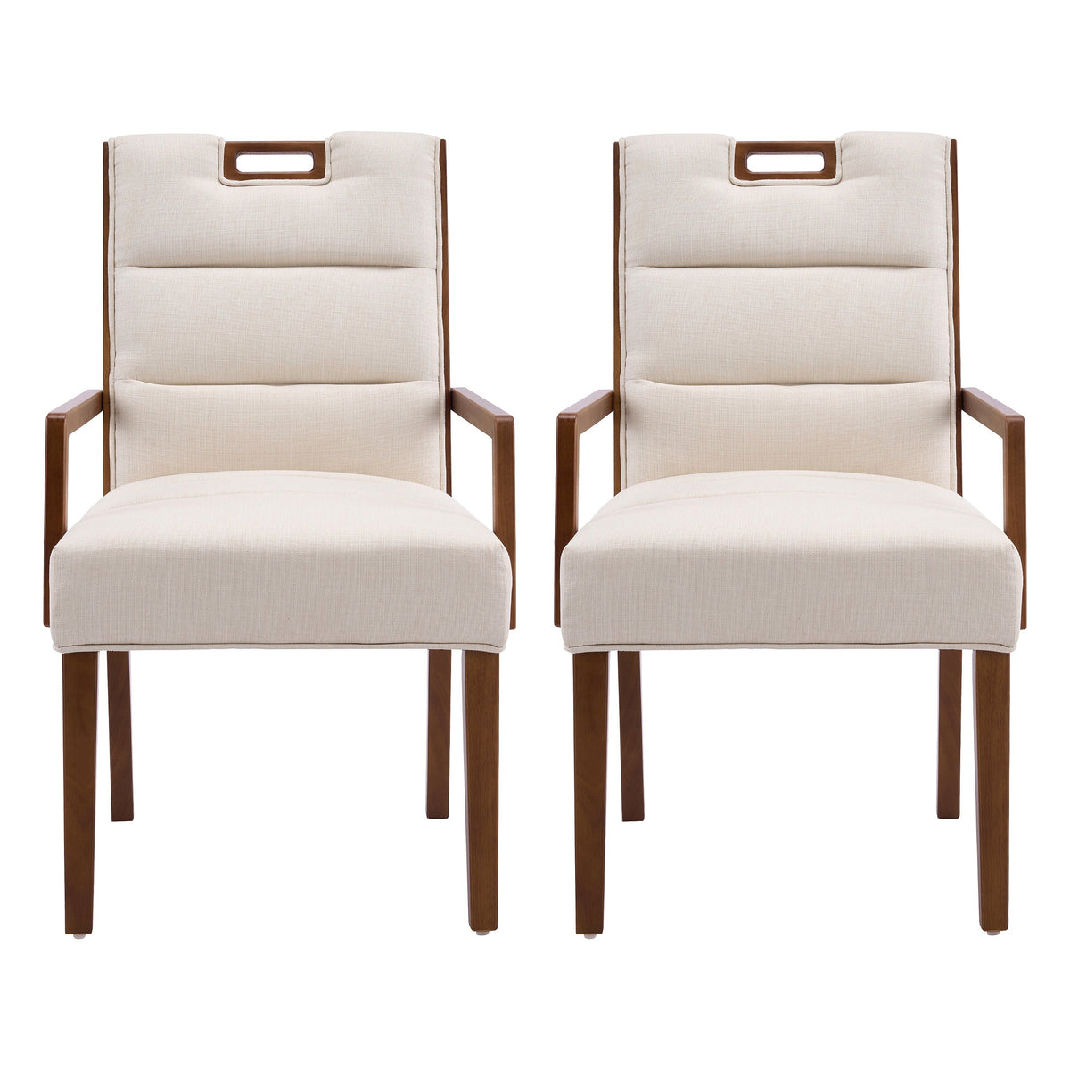 Walnut finish beige upholstered dining armchair with a rubberwood frame