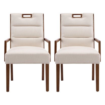 Walnut finish beige upholstered dining armchair with a rubberwood frame