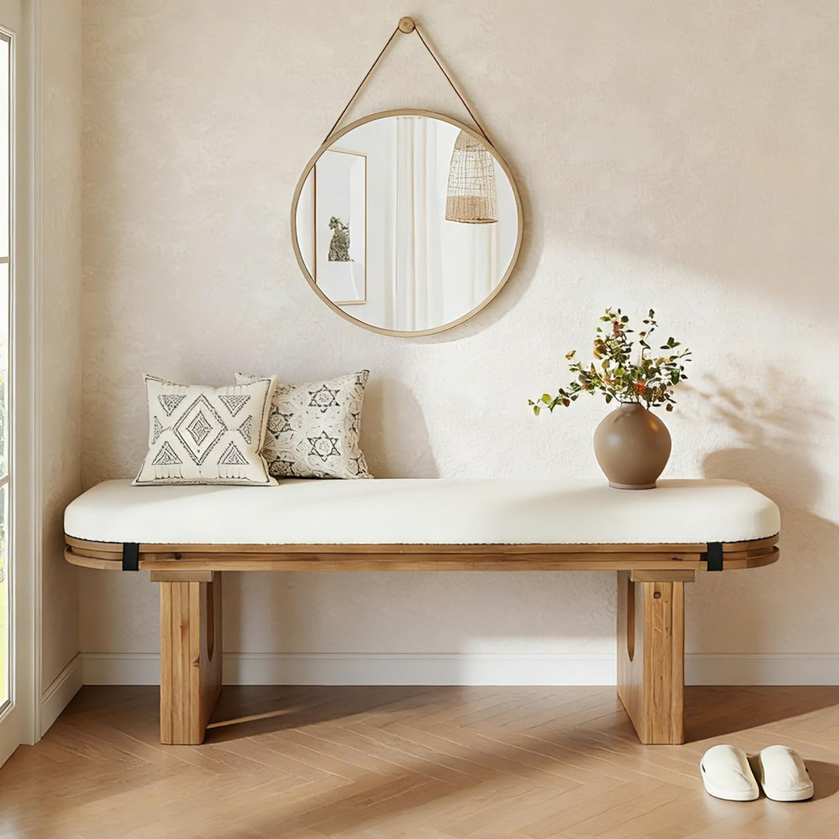 47-Inch Cream Seat Bench with Arched Wood Legs — bench in an entryway