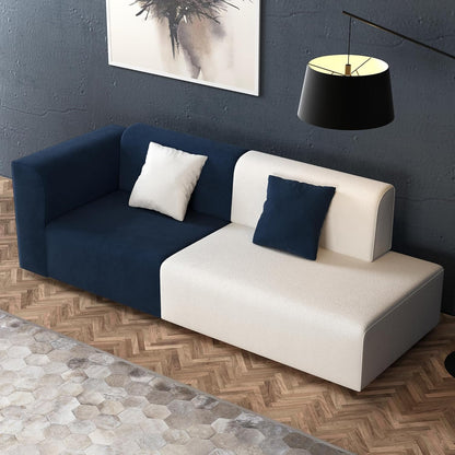 Navy and Ivory Color-Block Sofa — angled front view showing open end.