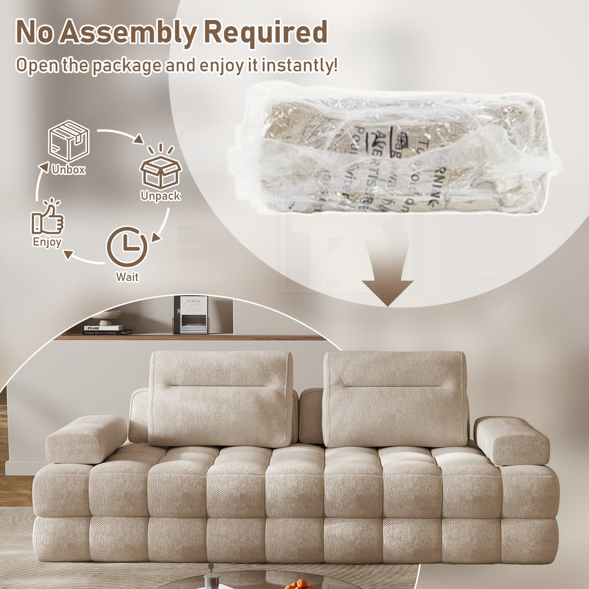 88-Inch Chenille Modular Cloud Loveseat — compressed delivery and no-assembly panel