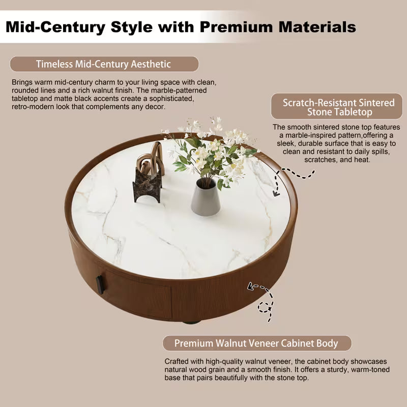 Material feature graphic of the round table's sintered-stone top and walnut-look cabinet