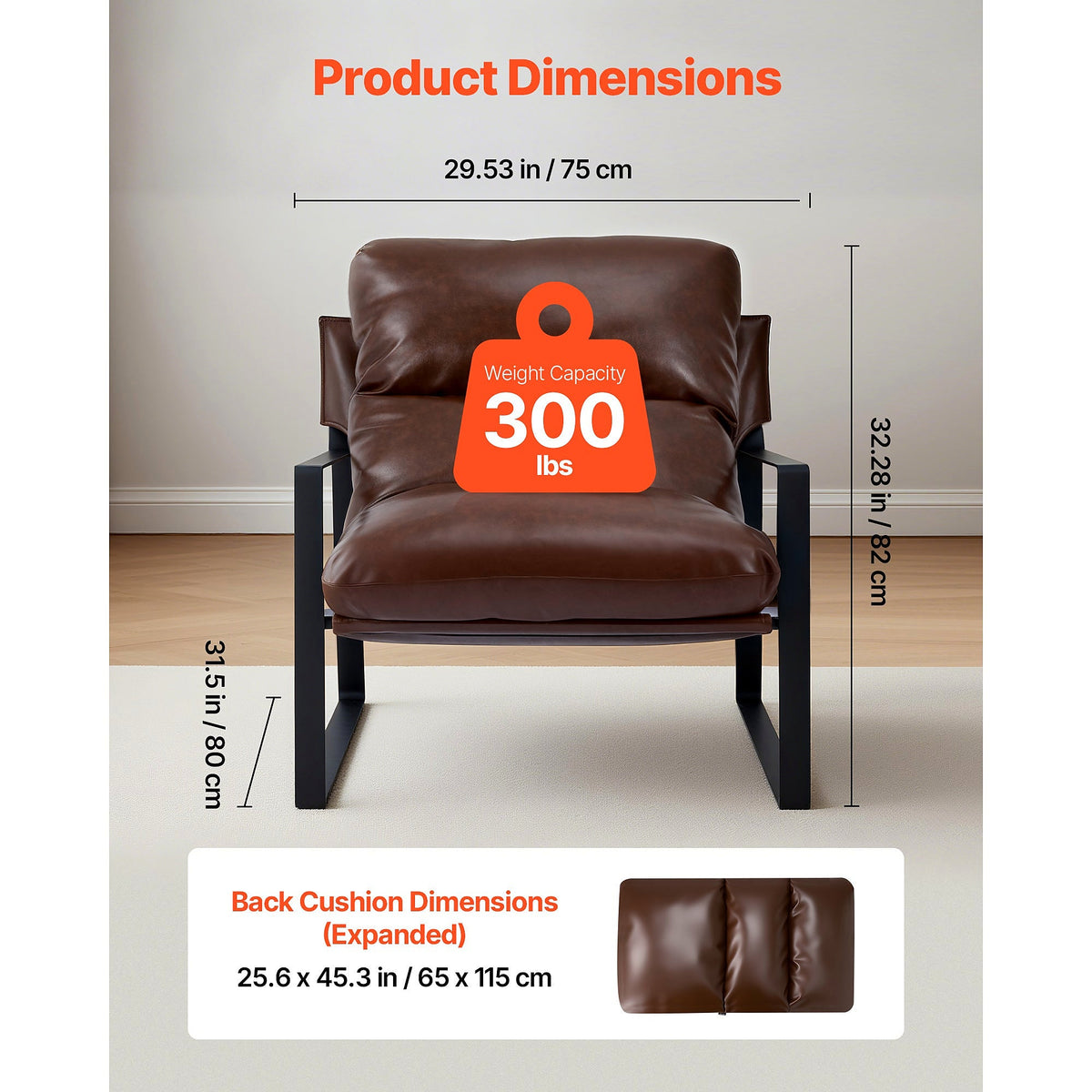 Brown faux leather sling chair with a black iron frame — dimension diagram