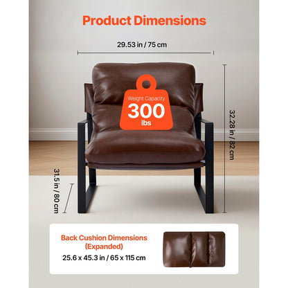 Brown faux leather sling chair with a black iron frame — dimension diagram