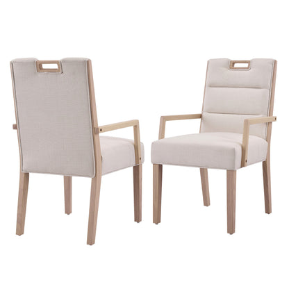 Natural finish beige upholstered dining armchair with a rubberwood frame