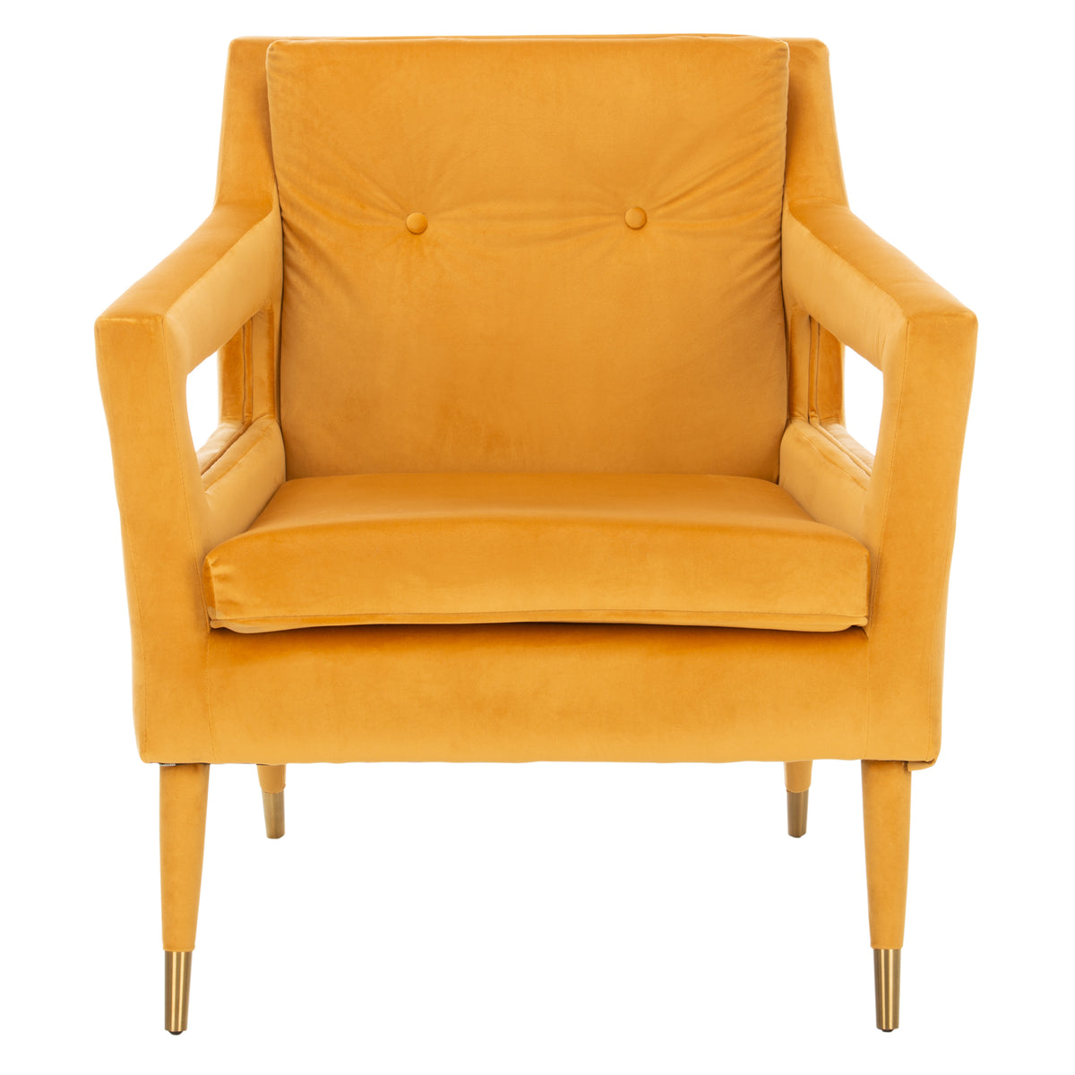 Mara Tufted Accent Chair with Gold-Tone Leg Caps — front view of the marigold chair