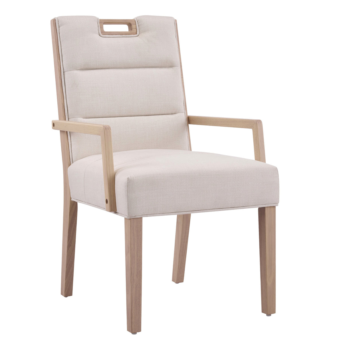 Natural finish beige upholstered dining armchair with a rubberwood frame